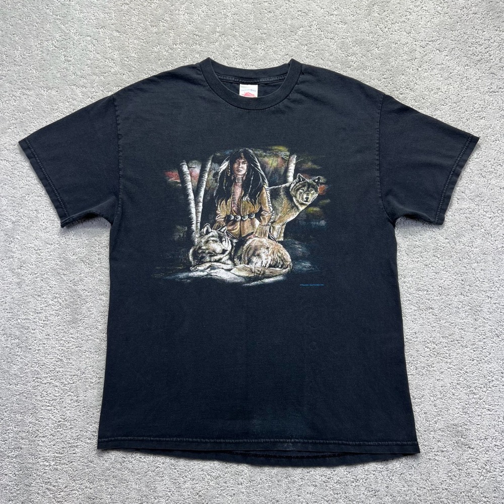 VINTAGE Tennessee River T-Shirt Mens Large Black Wolf Graphic Thunder Y2k